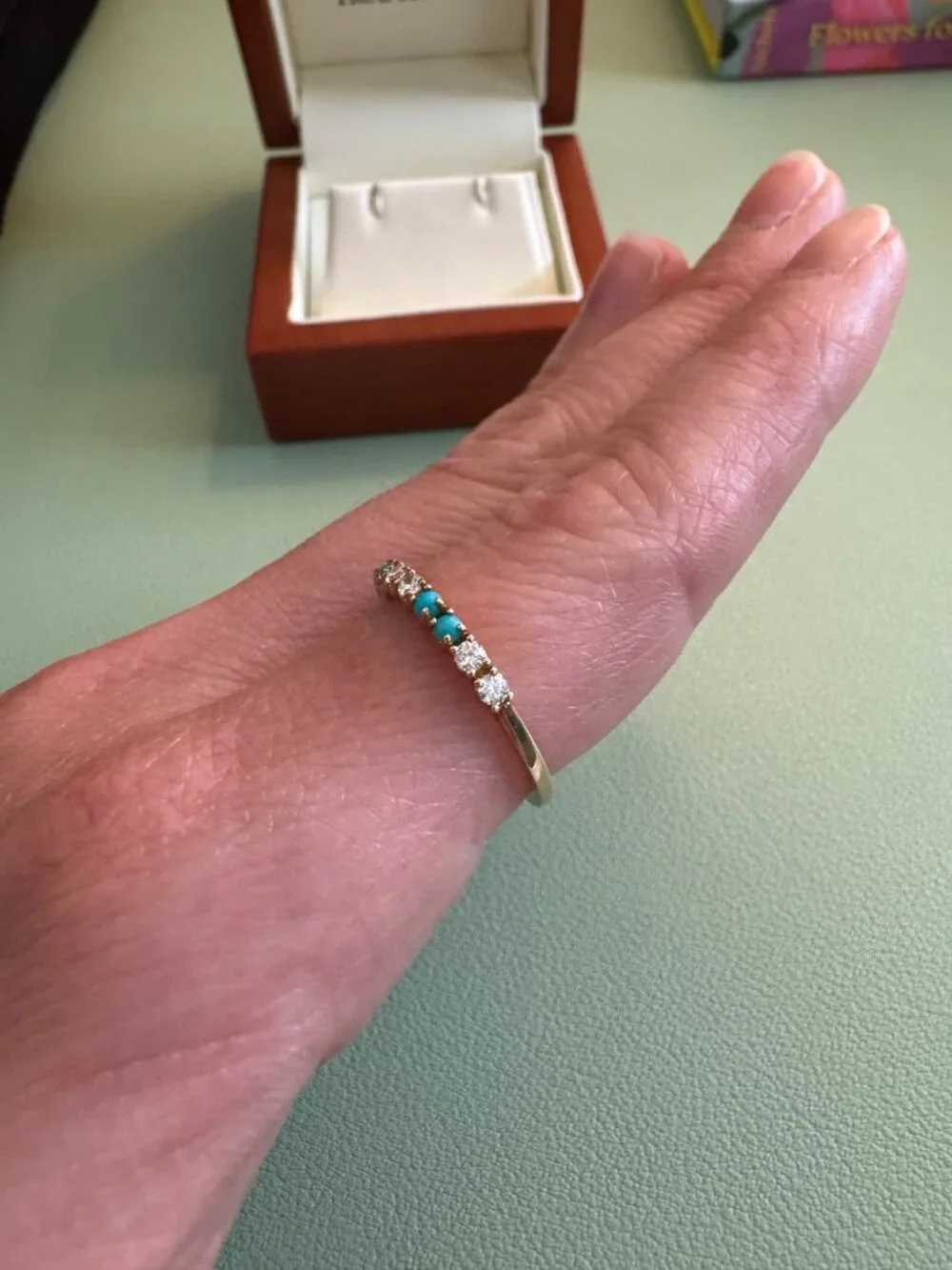 14K Gold Lab-Grown Diamond & Turquoise Half Eternity Ring